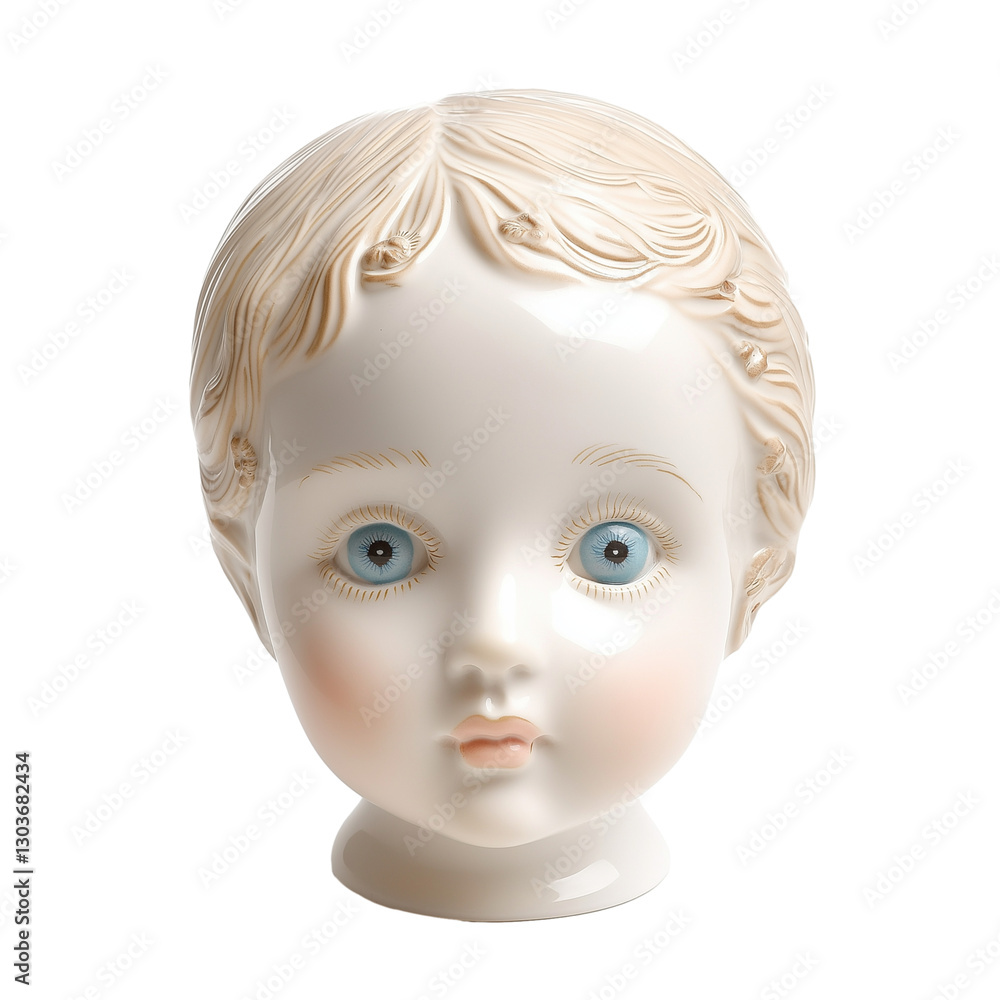 Handmade porcelain doll head isolated on transparent white background Handmade porcelain doll head isolated on transparent white background