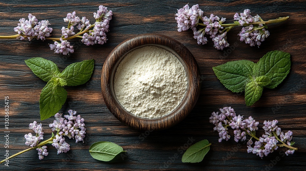 Wooden bowl of herbal powder surrounded by flowers and leaves on dark wood Wooden bowl of herbal powder surrounded by flowers and leaves on dark wood