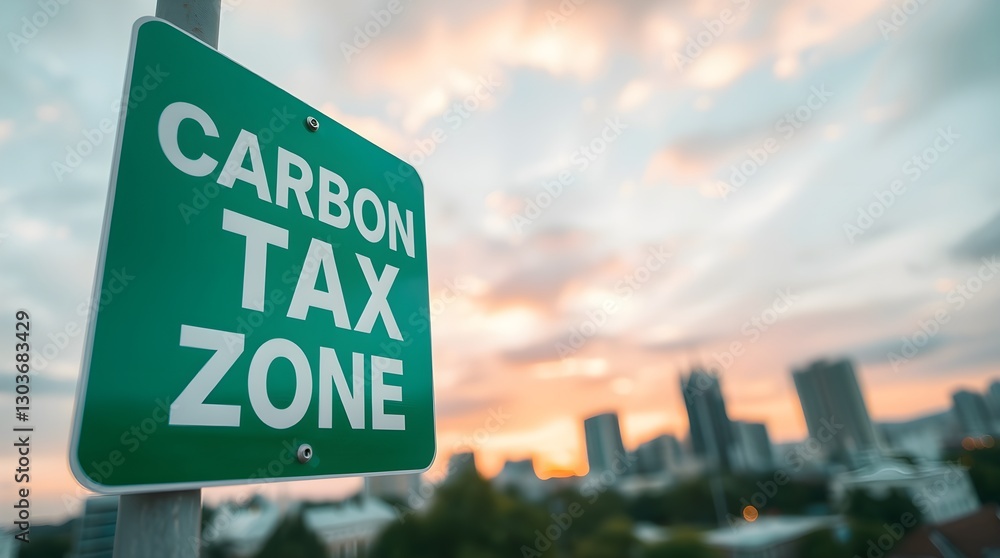Obraz premium stock photo Warm terracotta and cool teal tones, soft light. Green Carbon Tax Zone sign with white text, low angle. Blurred cityscape, warm sunset, shallow depth of field.