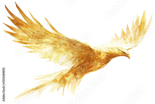 A majestic golden eagle spreads its wings wide against a soft, ethereal backdrop of light isolated on transparent background