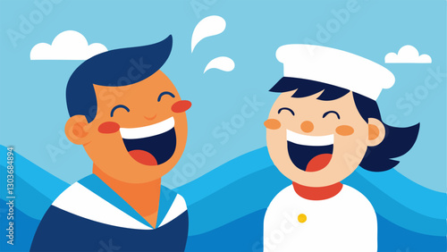 Splashing Waves A joyful moment capturing a sailor with hearing impairment laughing as waves splash against the boat with a friend sharing the fun.