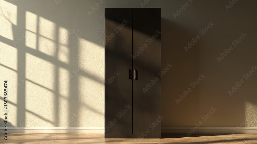 Fototapeta premium A closed, dark brown wardrobe placed within an interior setting, isolated with a clipping path. 3D-rendered illustration. 