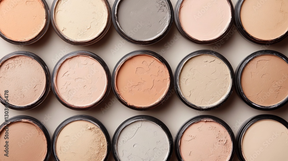 Assortment of various shades of powder foundation arranged together nicely Assortment of various shades of powder foundation arranged together nicely
