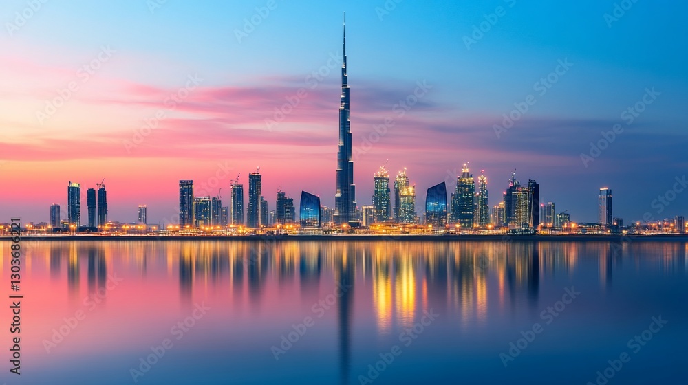 A stunning skyline view of a city at dusk, featuring a tall tower and reflective water. A stunning skyline view of a city at dusk, featuring a tall tower and reflective water.
