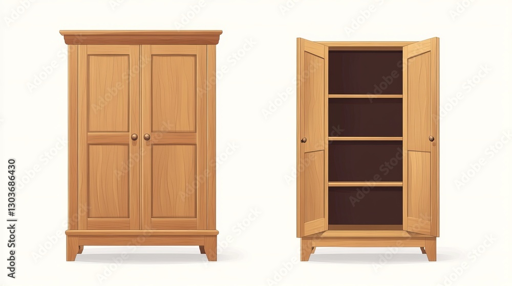 A vector illustration showcasing a wooden cupboard in both closed and open states. A vector illustration showcasing a wooden cupboard in both closed and open states.