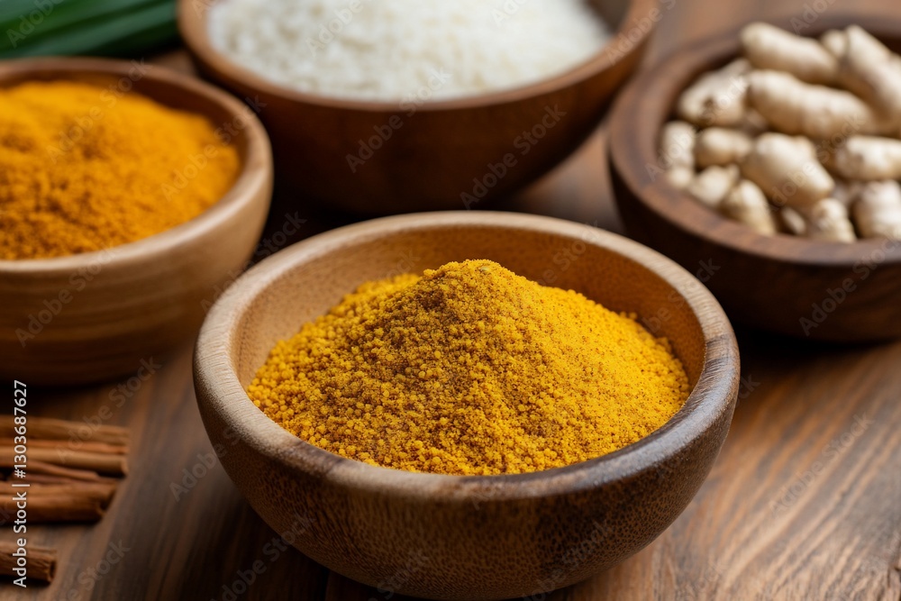 Wooden Bowls of Spices on a Wooden Table Wooden Bowls of Spices on a Wooden Table