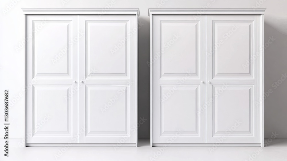 Two perspectives of a white wardrobe with closed sliding doors, isolated against a white background. 3D illustration Two perspectives of a white wardrobe with closed sliding doors, isolated against a white background. 3D illustration