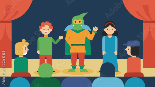 Theater Arts Program Students on a small stage dressed up in costumes performing a skit with encouraging friends in the audience highlighting creativity and teamwork.