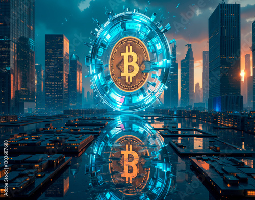 Conceptual scene of a futuristic city with massive holographic bitcoins floating above skyscrapers, casting bright reflections. photo