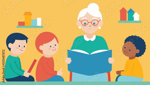 Storytelling at Schools A senior with a mobility aid reading a story to children in a classroom setting with volunteers helping children to engage and listen.