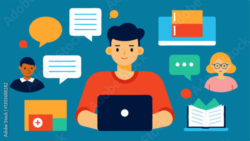 Technology for All A student using adaptive technology like a speechtotext app on their laptop while peers gather around sharing ideas and notes.