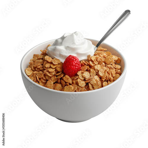 a bowl of cereal topped with yogurt and a raspberry, with a spoon inside, a close-up shot.