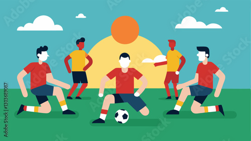 Soccer Match Action Illustrate a mixed team of seated and standing players kicking a soccer ball. Include a bright playing field under a sunny sky.