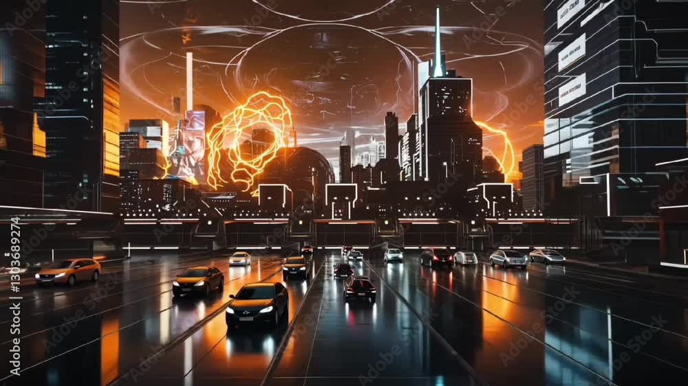 sci fi futuristic city with glowing orange energy fields and digital cyberpunk effect  