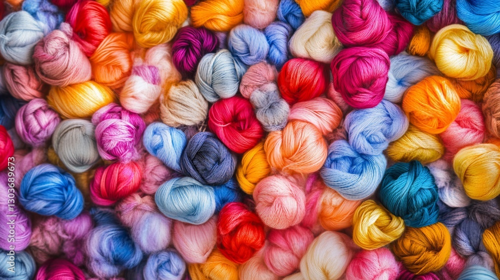 A vibrant array of colorful yarn balls creating a textured and abstract pattern A vibrant array of colorful yarn balls creating a textured and abstract pattern