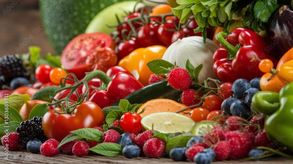assortment of fresh, ripe fruits and vegetables, A Rustic Display, of Fresh Produce assortment of fresh, ripe fruits and vegetables, A Rustic Display, of Fresh Produce