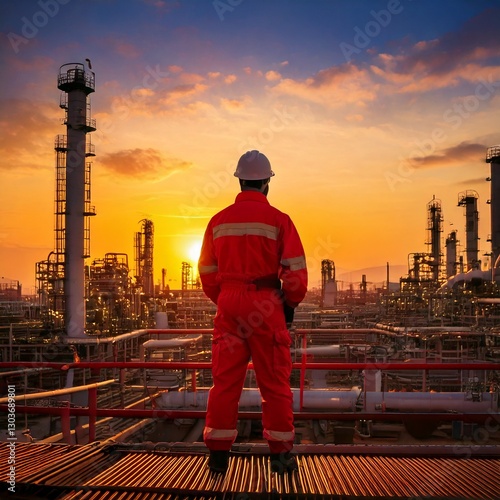 Generated imA male industrial worker wearing a red protective jumpsuit and a safety helmet, standing on a metal platform in an oil refinery at sunset. The background is filled with large metallic page
