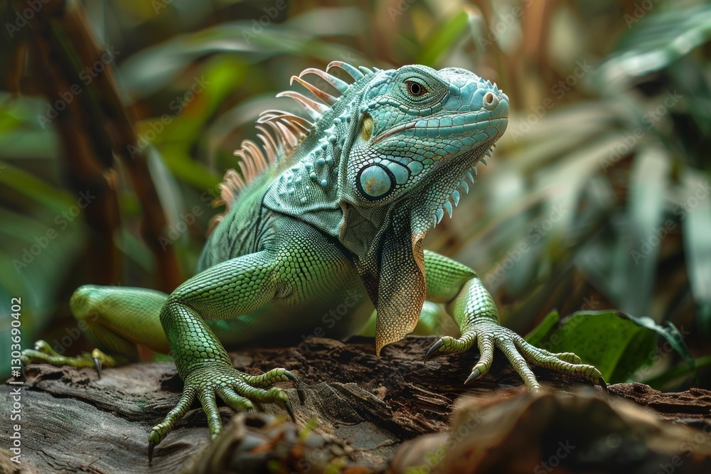 Obraz premium Colorful green iguana perched on a branch in its tropical habitat, flaunting vibrant scales and exotic beauty