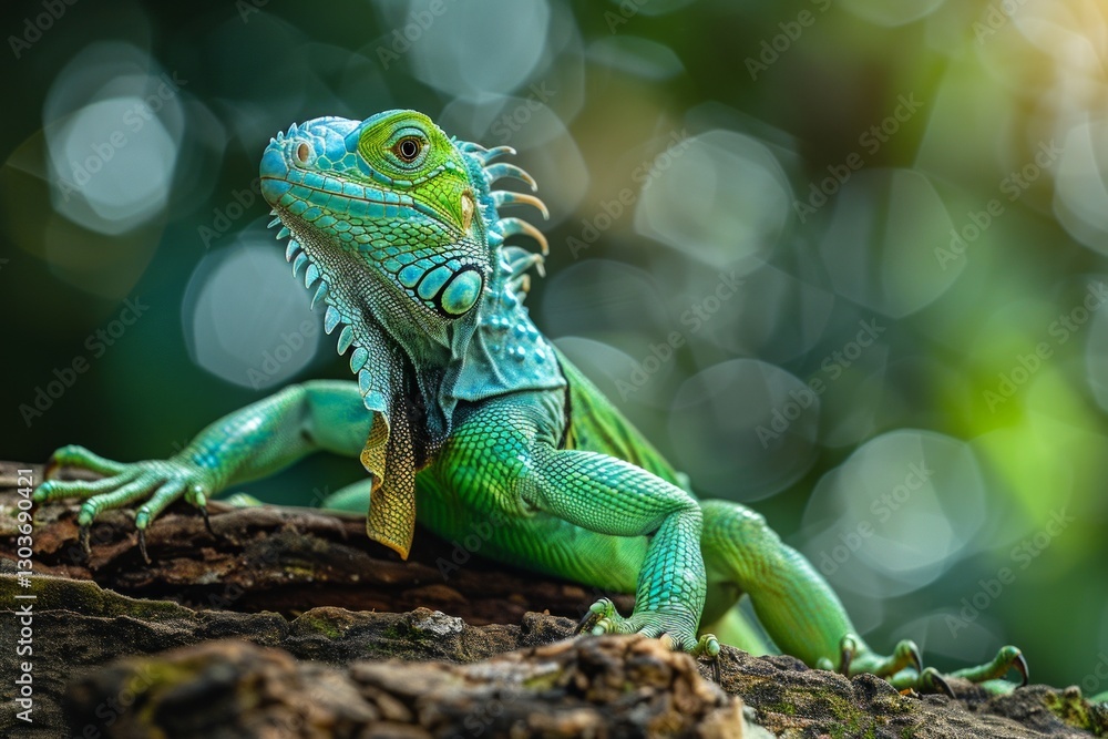 Fototapeta premium Colorful green iguana perched on a branch in its tropical habitat, flaunting vibrant scales and exotic beauty
