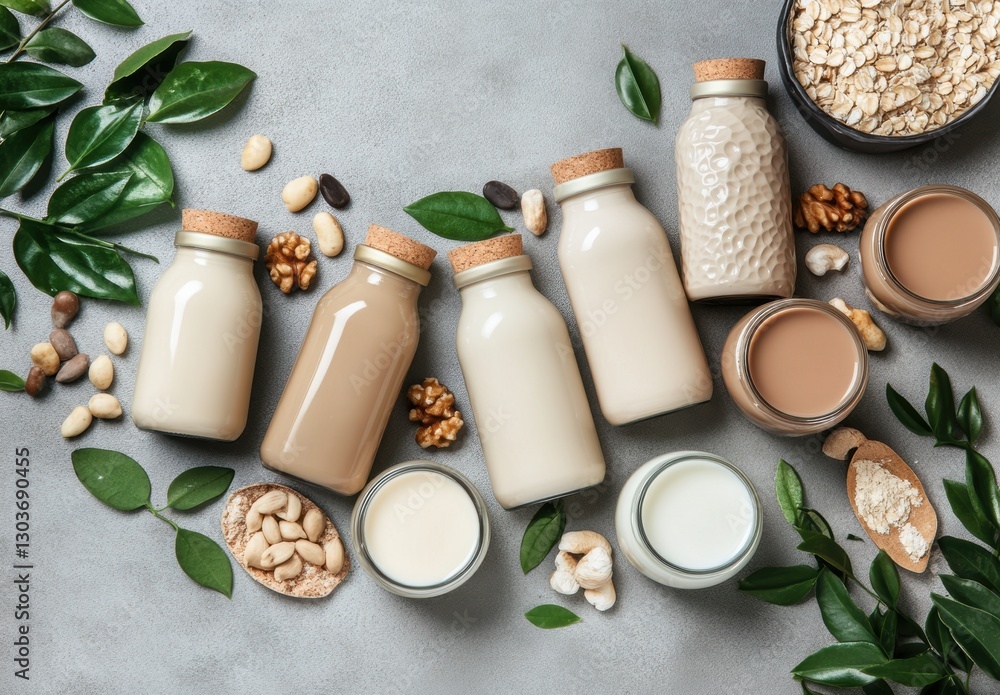 Assorted Nut Milk Bottles with Nuts and Oats on Gray Surface with Green Leaves, Healthy Beverage Concept for Vegan and Plant-Based Diet, Natural Ingredients Assorted Nut Milk Bottles with Nuts and Oats on Gray Surface with Green Leaves, Healthy Beverage Concept for Vegan and Plant-Based Diet, Natural Ingredients