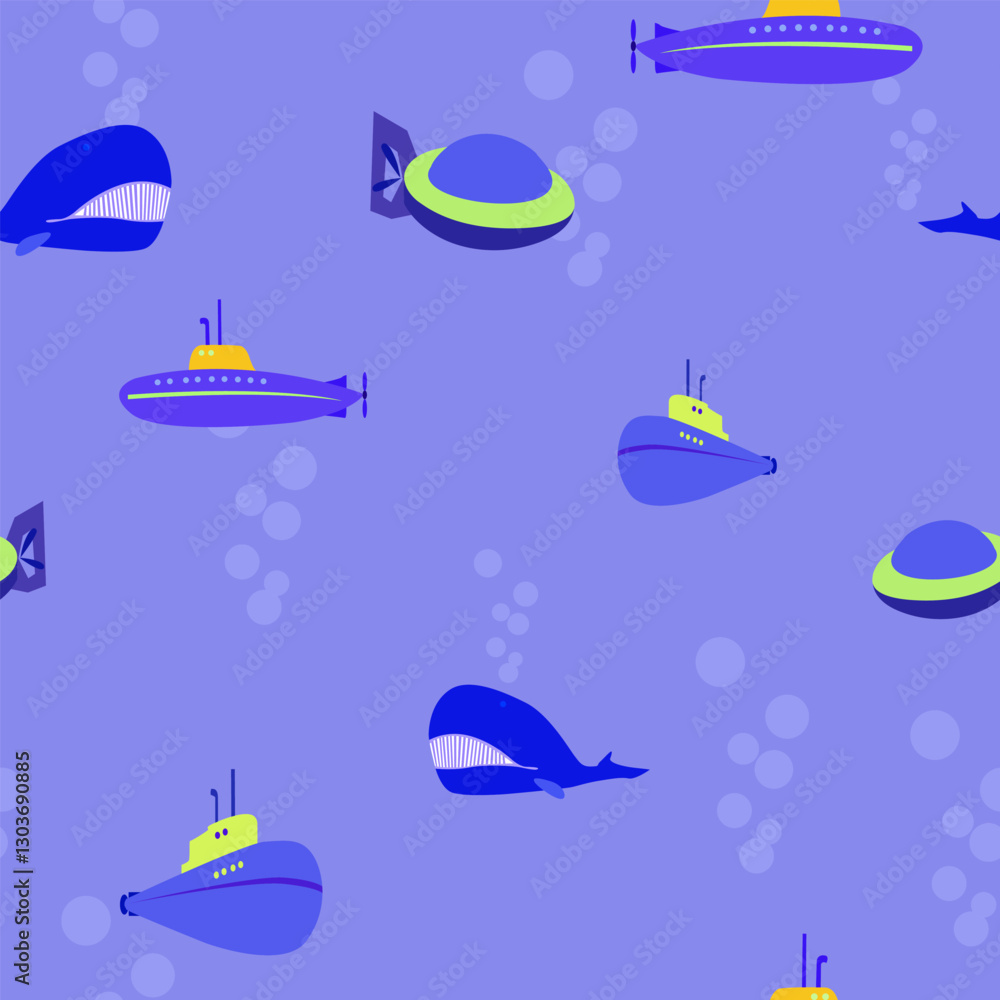 Fototapeta premium Seamless pattern with symbols of the underwater world - submarines and sea whales in a flat style in purple-blue shades for the design of your gaming and entertainment projects on a marine theme.