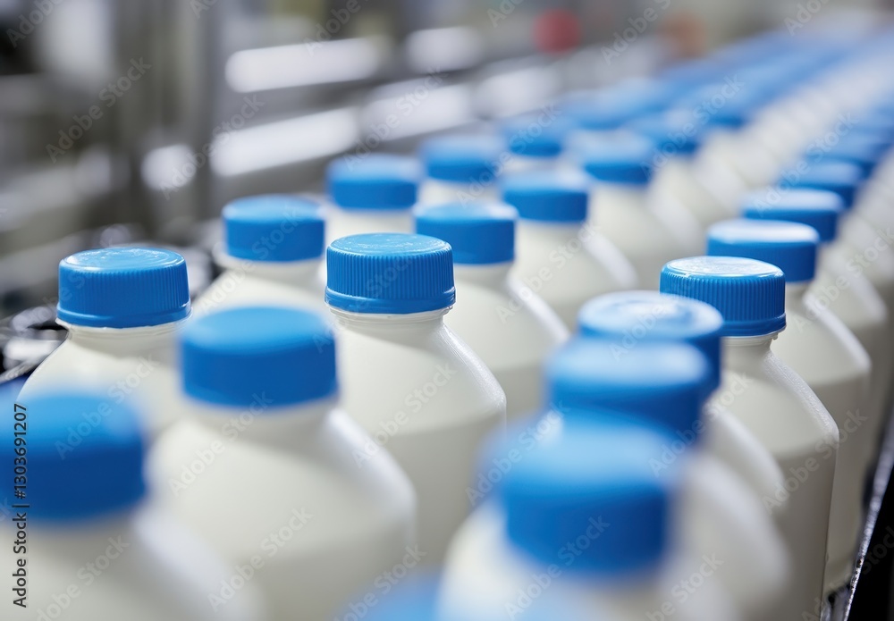 Bottles of Milk with Blue Caps on a Production Line in a Dairy Processing Factory, Focusing on Quality and Freshness in Industrial Setting Bottles of Milk with Blue Caps on a Production Line in a Dairy Processing Factory, Focusing on Quality and Freshness in Industrial Setting
