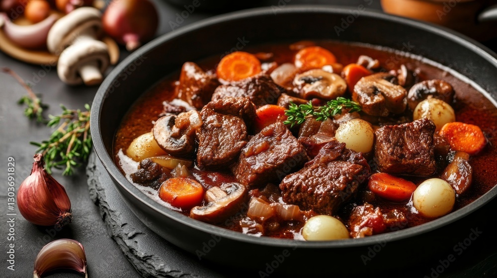 A hearty, simmering beef stew warms the kitchen, showcasing tender chunks of meat, vibrant carrots, and earthy mushrooms, surrounded by aromatic herbs and comforting spices A hearty, simmering beef stew warms the kitchen, showcasing tender chunks of meat, vibrant carrots, and earthy mushrooms, surrounded by aromatic herbs and comforting spices