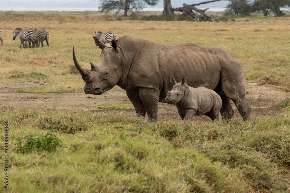 Obraz premium Mother white rhino with her calf walking through the grasslands