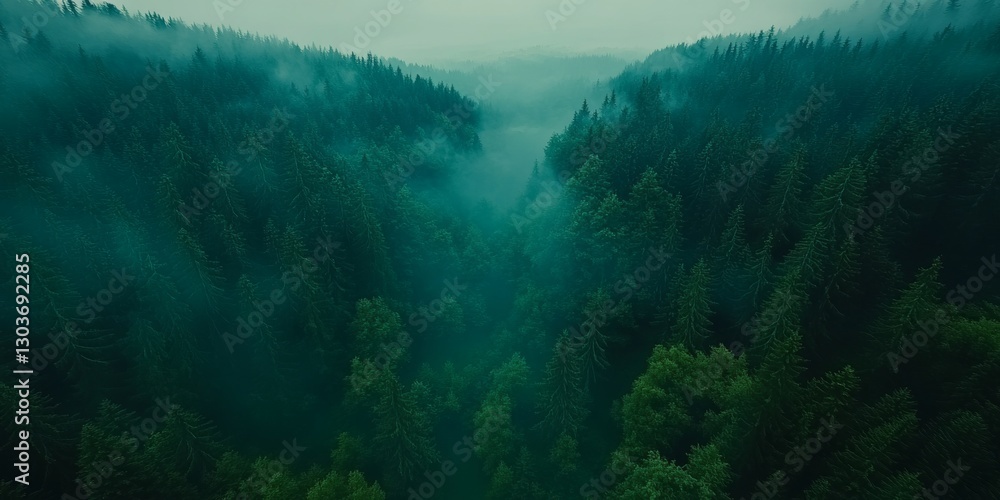 Fototapeta premium Mysterious Misty Forest, Aerial View of Evergreen Coniferous Trees in Foggy Hazy Weather