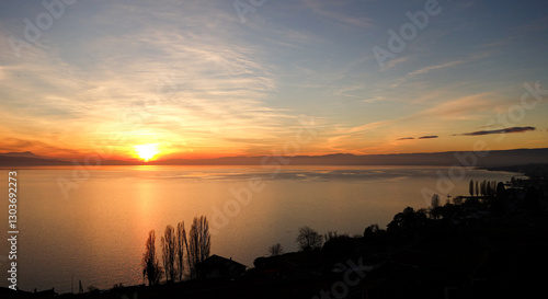 Sunset over the lake Geneva, from the Lavaux region, reflecting warm colours in the sky and silhouetted trees nearby
