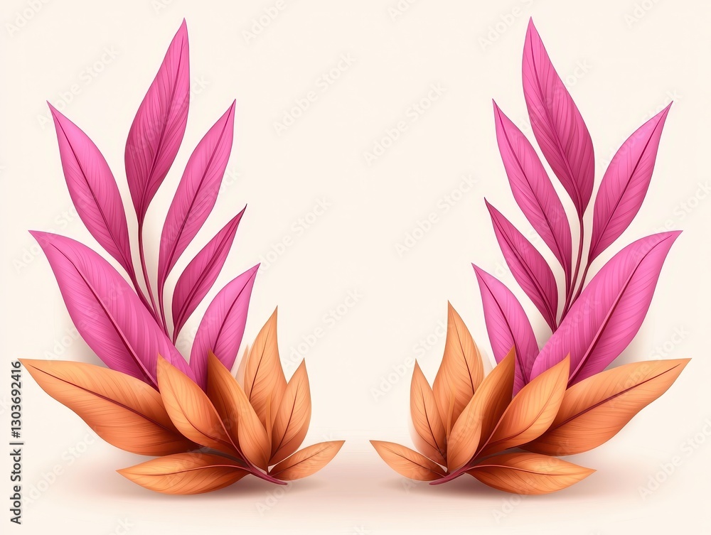 Vibrant pink and orange leaves framing a soft, neutral background for design use Vibrant pink and orange leaves framing a soft, neutral background for design use