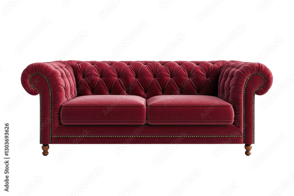 Luxurious red velvet couch with tufted design enhancing a stylish living room aesthetic isolated on transparent background