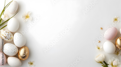 Sophisticated holiday background with gold-detailed Easter eggs and soft floral accents. Ideal for festive branding, greeting templates, creative layouts. Selective focus photo