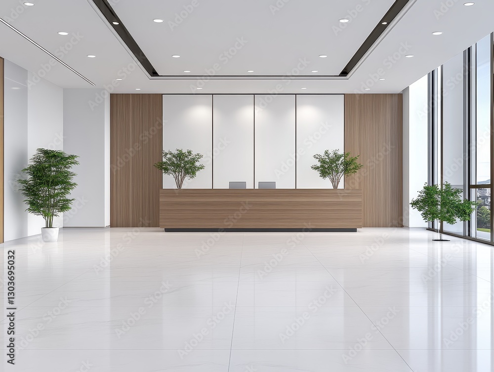 Fototapeta premium Modern office reception area with wooden desk and greenery, bright ambiance