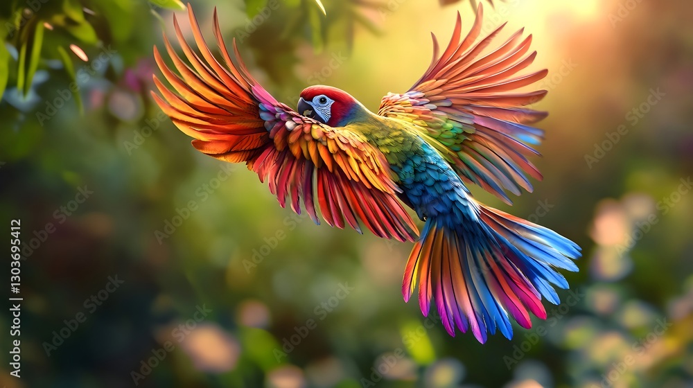Vividly colored bird spreading stunning wings in mid air image Vividly colored bird spreading stunning wings in mid air image