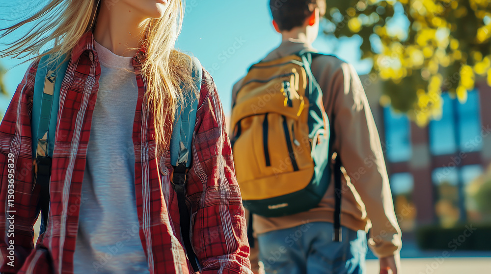 Fototapeta premium Students walking outdoors with backpacks, captured in a dynamic medium shot, with a focus on the journey of learning.