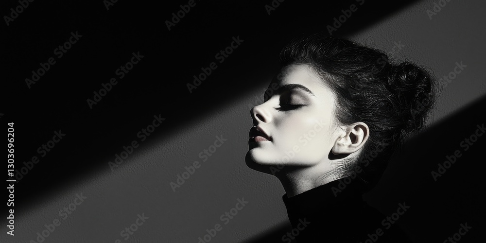 Portrait of serene woman with eyes closed in dramatic light, black and white beauty Portrait of serene woman with eyes closed in dramatic light, black and white beauty
