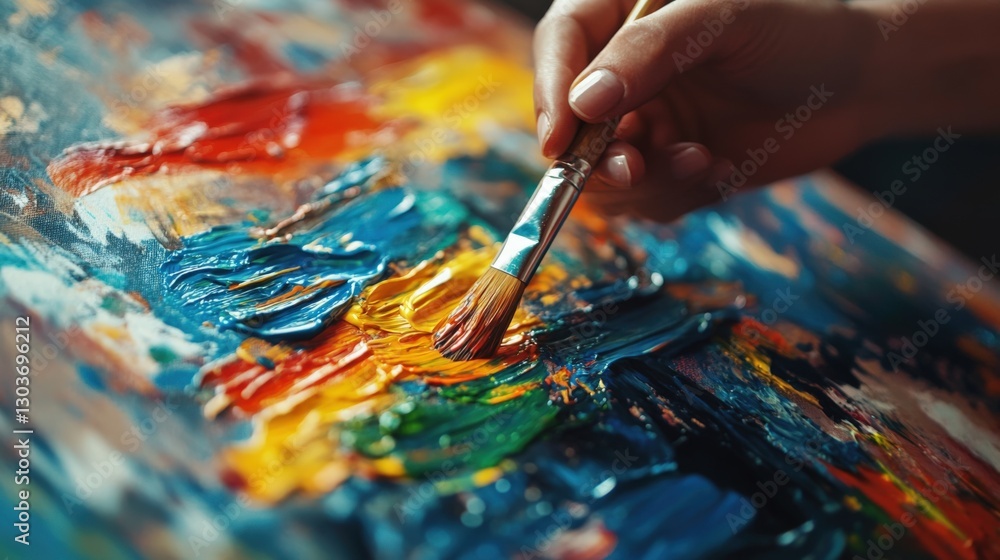 Fototapeta premium Artists Hands Smearing Colorful Paint On A Canvas
