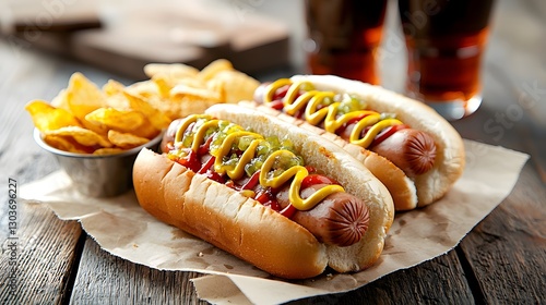 Delicious hot dog in a soft fluffy bun topped with flavorful mustard tangy ketchup and crunchy relish