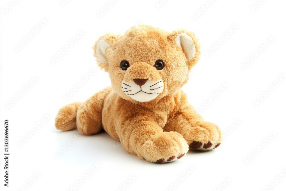 Adorable plush lion toy resting peacefully on a bright white background showcasing its soft texture isolated on transparent background Adorable plush lion toy resting peacefully on a bright white background showcasing its soft texture isolated on transparent background