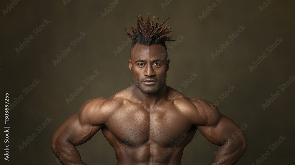 Fototapeta premium Confident Muscular Black Man Posing, Powerful Physique, Bodybuilding, Health, Fitness, Strength