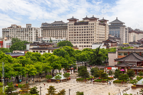 Wallpaper Mural Central city square with green park and modern residentials buildings with traditional roofs, Xian, Shaanxi province, China Torontodigital.ca