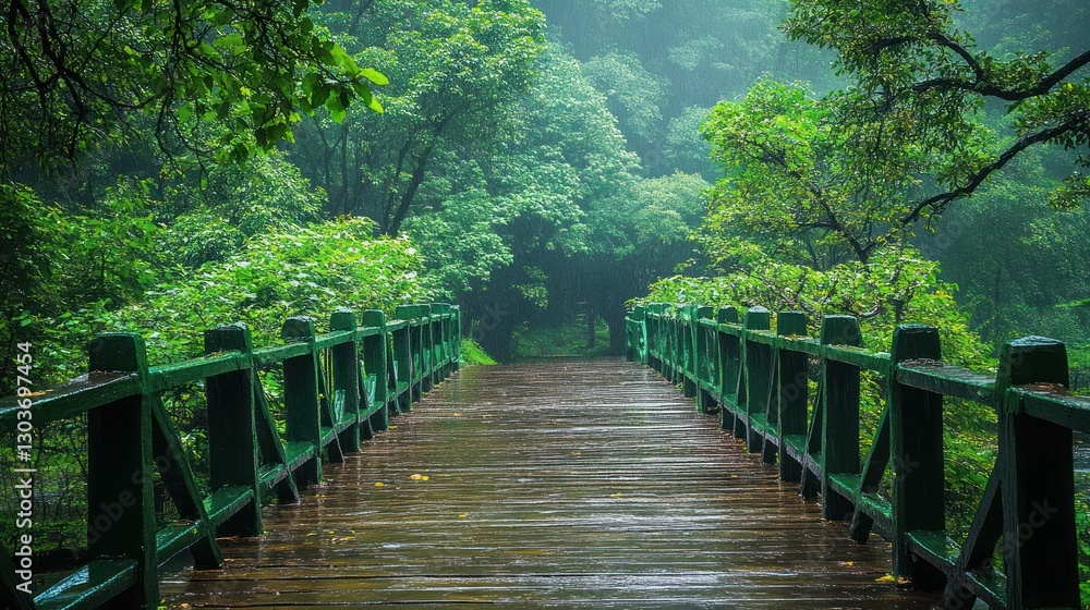 Fototapeta premium Misty rain forest wooden bridge pathway