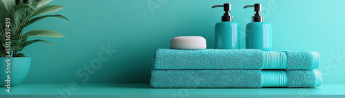 Relaxing spa setup with turquoise towels and bottles bathroom product photography calm atmosphere close-up view