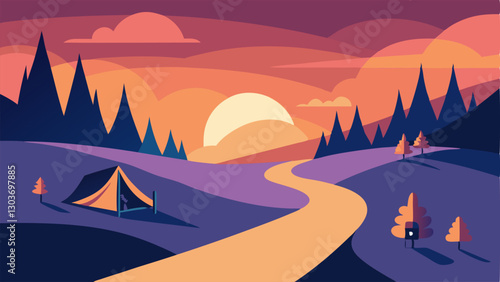 Sunset Camp Scene A serene illustration of a campsite at sunset with accessible pathways illuminated showcasing campers enjoying the evening.