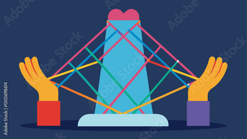 String Sculpture An abstract sculpture made from colorful strings that visitors can weave through. Hands depicted manipulating the strings to create patterns.