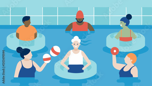 Therapeutic Water Session A scene depicting individuals in an accessible pool participating in water therapy with supportive aids and foam floats promoting inclusivity in aquatic