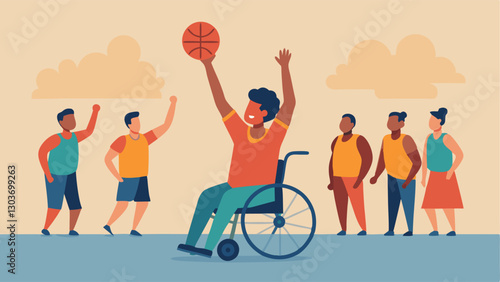 Team Athlete A wheelchair basketball player making an impressive shot during a game with teammates and fans celebrating in the background showcasing teamwork and spirit.