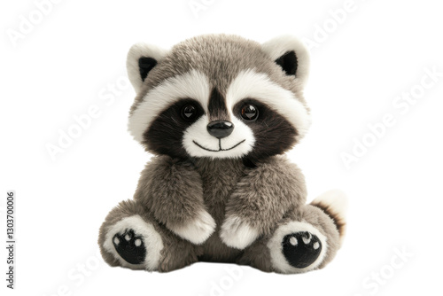 Adorable plush raccoon sits cheerfully against a soft white background, radiating charm and joy isolated on transparent background