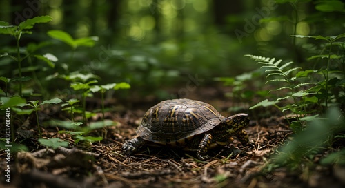 Terrestrial Shell Dweller Eastern Box Turtles Wandering Through Woodland Undergrowth